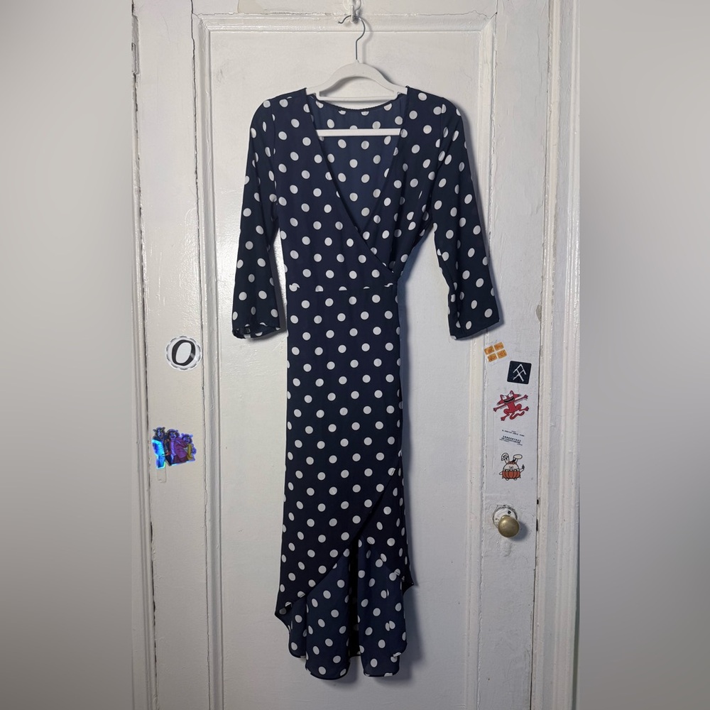 Chic Navy Polka Dot Wrap Dress